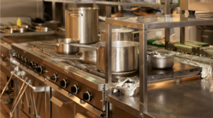 pots and pans in a commercial kitchen