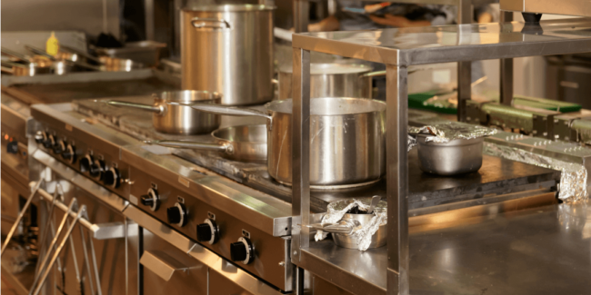 pots and pans in a commercial kitchen